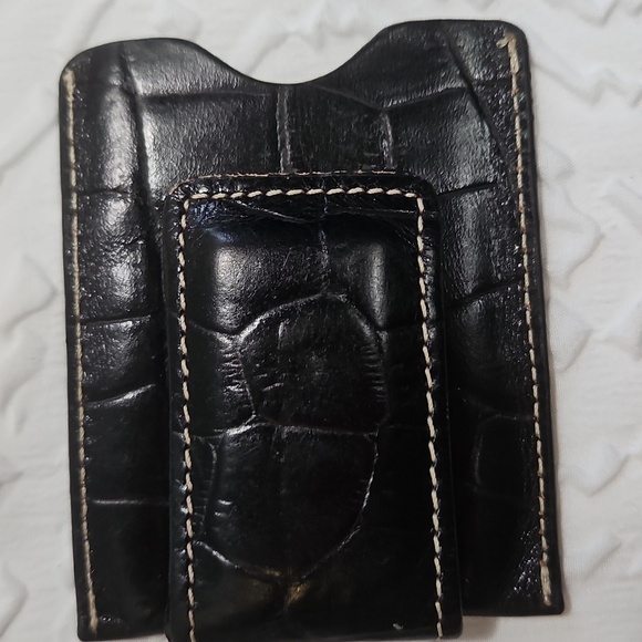 MENS BLACK LEATHER CARD CASE / CROC EMBOSSED WITH MONEY CLIP - Picture 7 of 8